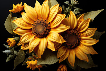 Against a black background, a beautiful and vibrant sunflower blooms, radiating brightness and joy. Generative Ai.