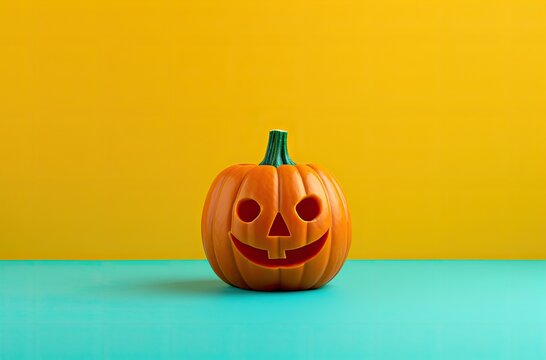 Halloween pumpkin on blue and yellow background. Minimalistic concept.