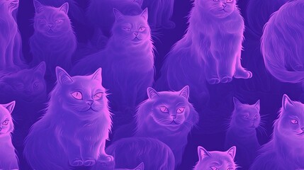  a group of cats sitting next to each other on a purple background with a third cat in the middle of the picture and the third cat in the middle of the picture.  generative ai