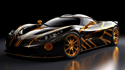  a black and gold colored sports car on a black background with a reflection of the car on the floor and the car is in the middle of the picture.  generative ai