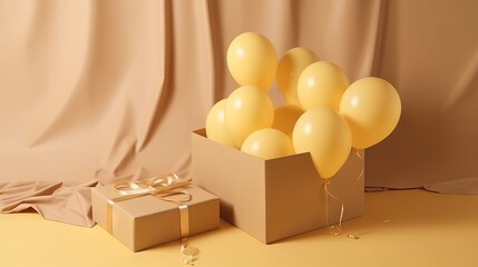  a box of balloons and a present on a yellow tablecloth background with a gold ribbon and a gold bow on the box and a gold ribbon.  generative ai