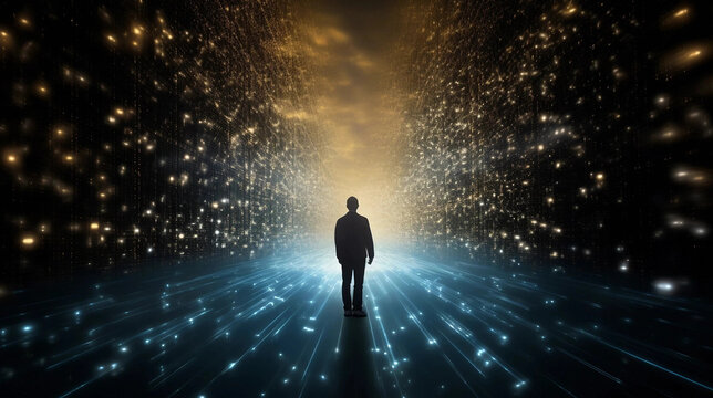 A Person Standing Within a Vast Digital Matrix Generative AI