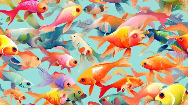  a group of colorful fish swimming in a pond of water with a blue sky in the background of the image is a lot of goldfish.  generative ai
