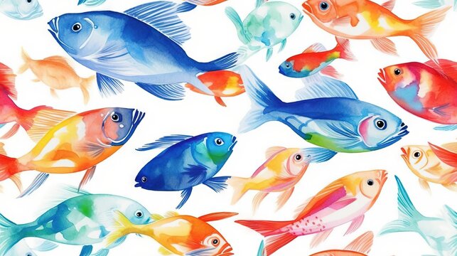  a group of colorful fish on a white background with a white background and a blue one in the middle of the image and a red one in the middle of the image.  generative ai