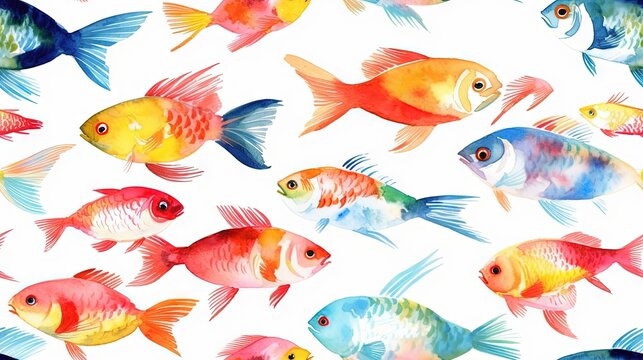  a group of colorful fish on a white background with watercolor paint on it's sides and bottom half of the fish in different colors.  generative ai