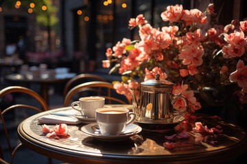 Obraz na płótnie Canvas A cup of coffee sits on a table in an outdoor restaurant, surrounded by blooming flowers, evoking a sense of charm and tranquility. Generative Ai.