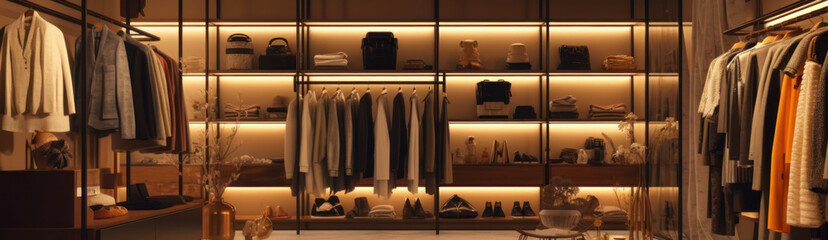 Dark men's dressing room interior with stylish clothes and accessories. Generative AI