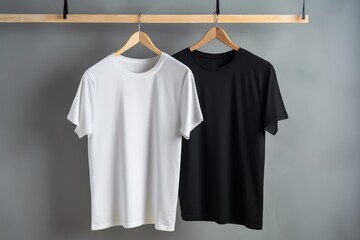 white t shirt on a hanger, black t shirt on a hanger, black t-shirt, white t-shirt, black t shirt, tshirt mockup, blank tshirt mockup, wooden hanger, white, black