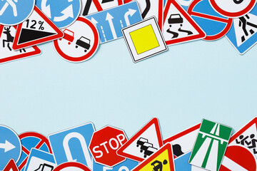 Frame made of road traffic signs. Banner template for driving school