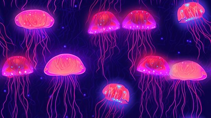  a group of jellyfish floating in the ocean under a blue sky with stars and bubbles in the water and glowing in the dark colors of the water.  generative ai