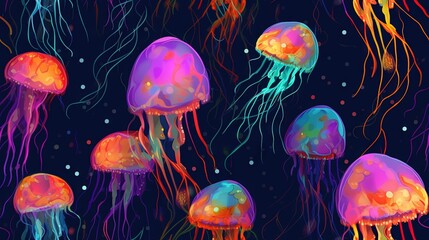  a group of jellyfish floating in the ocean under a blue sky with bubbles and bubbles in the water, all of which are brightly colored.  generative ai