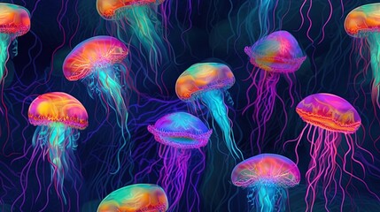  a group of jellyfish floating in the ocean at night with colorful lights on their head and body, all in different colors, all on a black background.  generative ai