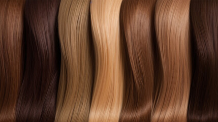Fototapeta premium assortment of hair for hair extension procedure. types of materials, color and quality for the presentation of the service. Toning of different shades of the background of the strands. Social media