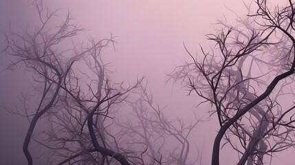  a foggy tree with no leaves in the foreground and no leaves on the top of the branches in the foreground, in the foreground is a silhouette of a bird in the foreground.  generative ai
