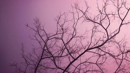 the branches of a tree against a pink sky background in the evening light of the sun, with only the leaves still on the branches.  generative ai
