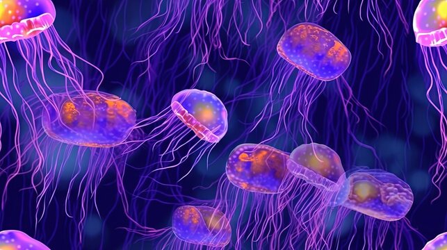  a group of jellyfish swimming in a blue and purple sea water with a yellow and orange jellyfish in the center of the picture.  generative ai