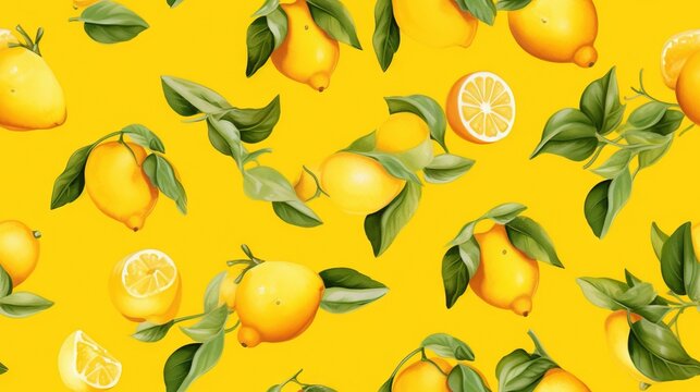  a yellow background with a bunch of lemons and limes on it with green leaves on the top of the lemons and on the bottom of the lemons.  generative ai