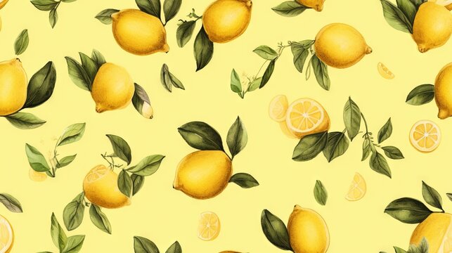  a painting of lemons and leaves on a yellow background with green leaves on the branches and on the ground, on a yellow background is a yellow background with green leaves and.  generative ai