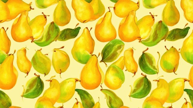  a painting of a bunch of pears and pears on a yellow background with green leaves on the top of the pears and the pears on the bottom of the image.  generative ai