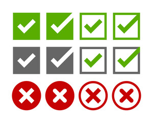 Check and incorrect icons check boxes. A green tick, a red cross in a square or circle. Yes or no - vector illustration.