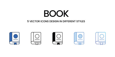 Book Icon Design in Five style with Editable Stroke. Line, Solid, Flat Line, Duo Tone Color, and Color Gradient Line. Suitable for Web Page, Mobile App, UI, UX and GUI design.