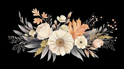 a bouquet of flowers on a black background with leaves and flowers in the center of the image is a watercolor drawing of a bouquet of flowers.  generative ai