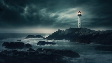 Fototapeta na wymiar a lighthouse on a rocky shore under a dark sky with a light house on it's top of a rock outcropping in the ocean. generative ai