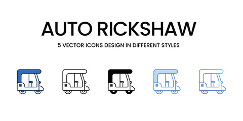 Auto Rickshaw Icon Design in Five style with Editable Stroke. Line, Solid, Flat Line, Duo Tone Color, and Color Gradient Line. Suitable for Web Page, Mobile App, UI, UX and GUI design.
