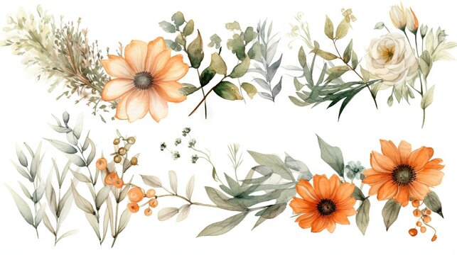  a watercolor painting of orange flowers and green leaves on a white background with a place for a text or a picture to be placed on.  generative ai