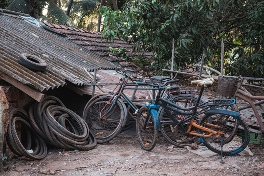 Broken bicycles and tires.