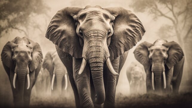  a group of elephants walking in a line down a dirt road with trees in the background and foggy sky in the foreground of the picture.  generative ai