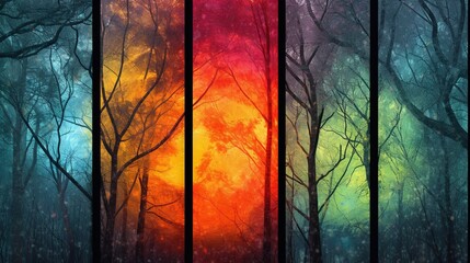  a painting of a forest with trees and a rainbow colored sky in the backround of the painting is a vertical line of trees and a multicolored background.  generative ai