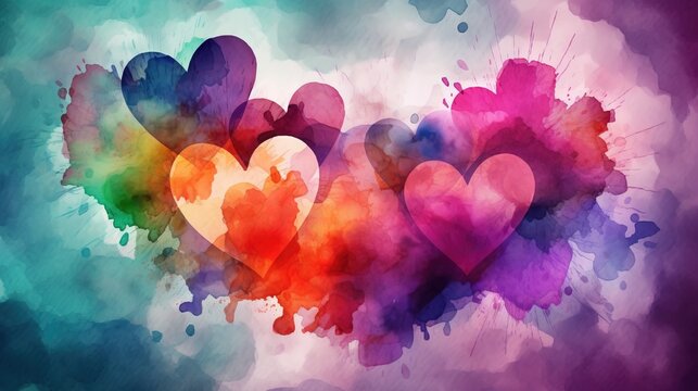 a group of hearts painted in different colors on a watercolor background with a splash of paint on the left side of the image and the right side of the image.  generative ai