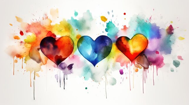  a group of hearts painted in watercolors on a white background with a splash of paint on the bottom of the image and the heart.  generative ai