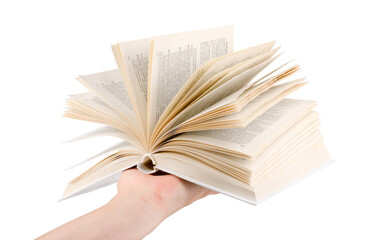Open book in his hand on a white background.