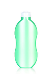 Green tube bottle of shampoo, conditioner, hair rinse, gel, on a white background with reflection.
