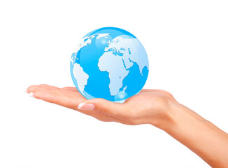 Woman's hands holding the glass earth globe on white background.