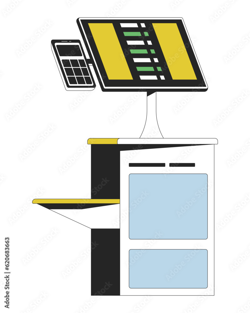 Poster self service terminal flat line color isolated vector object. scan, pack and pay. editable clip art 