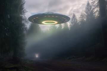 Scene as a UFO hovers over a forest, inviting intrigue and speculation about extraterrestrial life. Generative Ai, Ai.