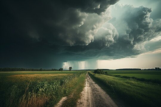 Threatening storm over rural landscape. Generative AI