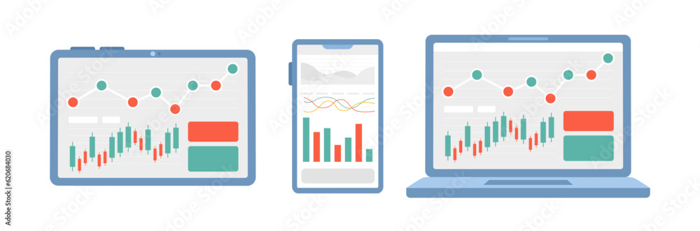 Poster devices with diagrams and charts semi flat colour vector objects set. business statistics. editable 