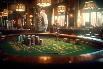 Fototapeta premium A croupier is seen behind a gambling table in a casino, overseeing the game. Generative Ai, Ai.