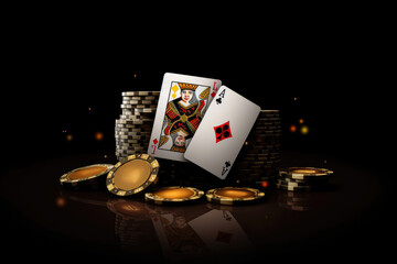 Creative poker template, background design with golden playing cards and poker chips on a dark background. Generative Ai, Ai.