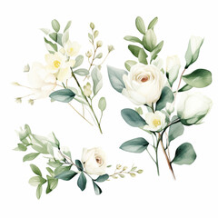 Obraz premium Watercolor floral illustration bouquet - white flowers. Wedding stationary, greetings, wallpapers, background, set