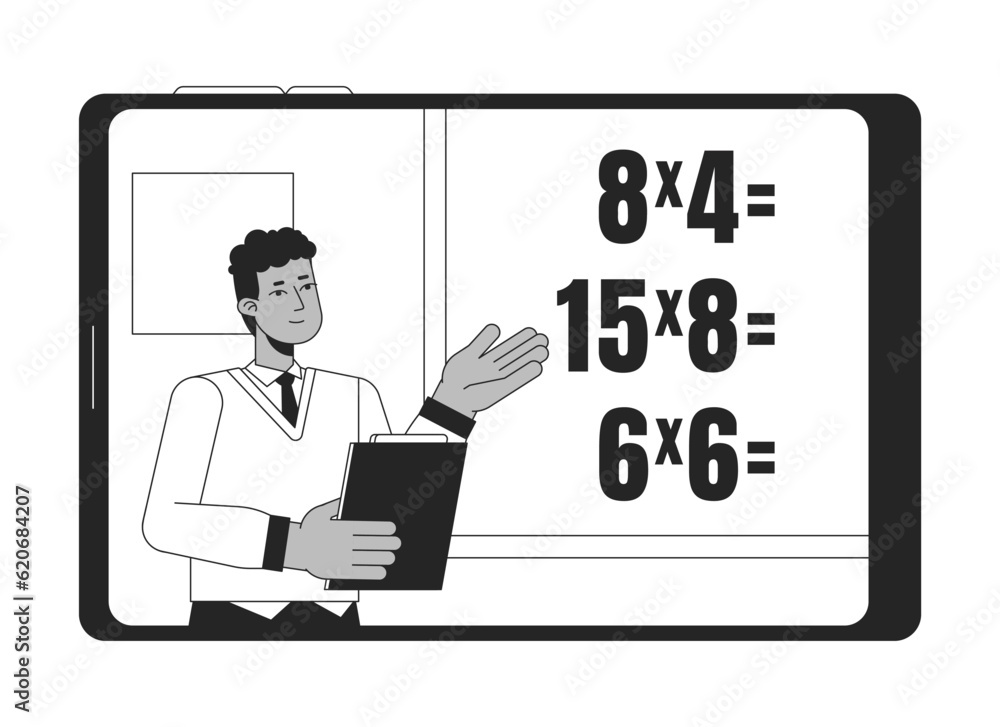 Aufkleber teacher explains math bw concept vector spot illustration. man show math exercises on blackboard 2d 