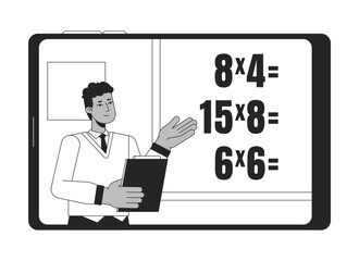 Teacher explains math bw concept vector spot illustration. Man show math exercises on blackboard 2D cartoon flat line monochromatic character for web UI design