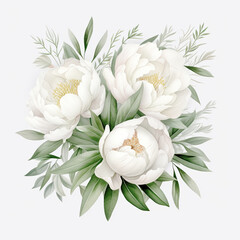 Fototapeta na wymiar Watercolor floral illustration bouquet - white flowers. Wedding stationary, greetings, wallpapers, background.