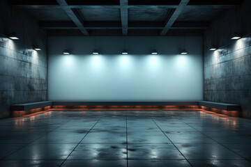 Fototapeta na wymiar A front view of a blank white digital screen glowing in a dark hall interior, with a concrete floor and a black wall. Generative Ai.