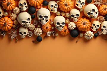 Obraz premium Halloween background with pumpkins, skulls and autumn leaves on orange background