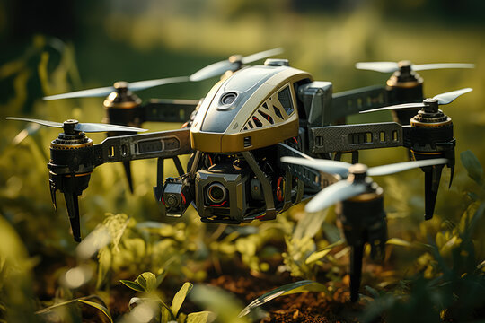 A small AI robot drone diligently working in a cornfield, exemplifying the role of agricultural technology in modern farming practices. Generative Ai.